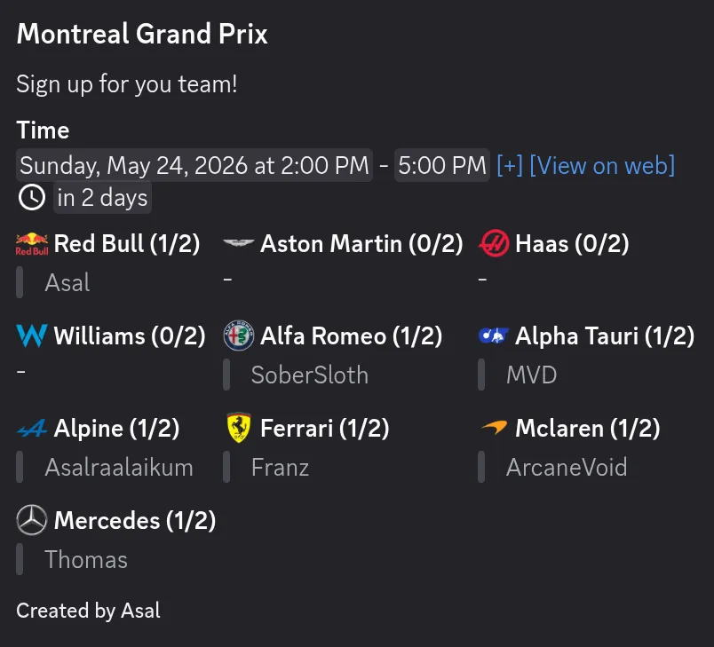 A Discord event embed with custom signup options for each Formula 1 team