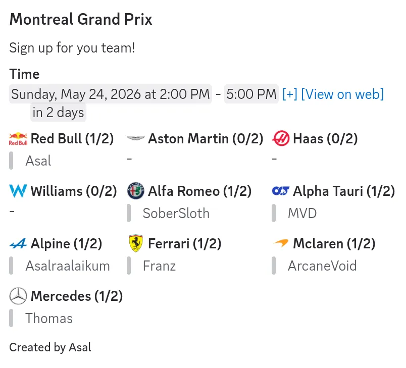 A Discord event embed with custom signup options for each Formula 1 team