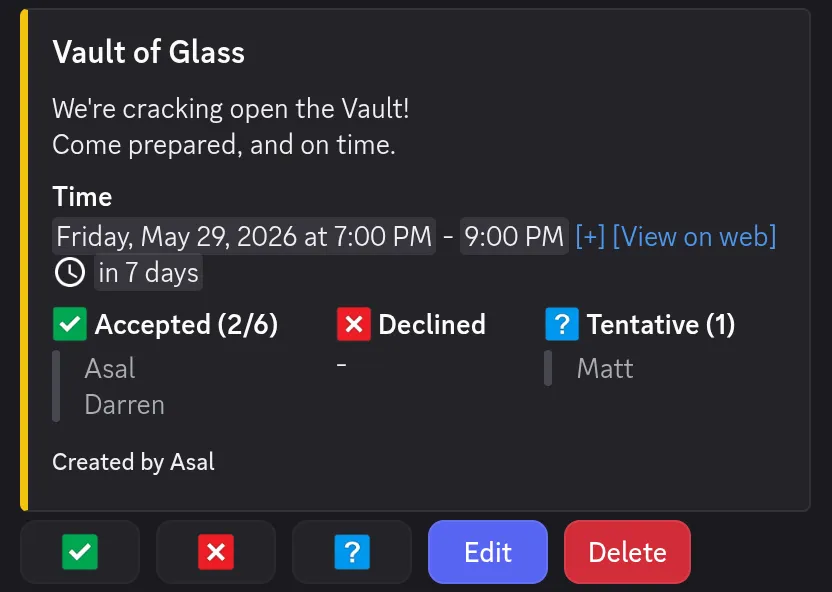 An Apollo event embed in Discord with one-click RSVP buttons