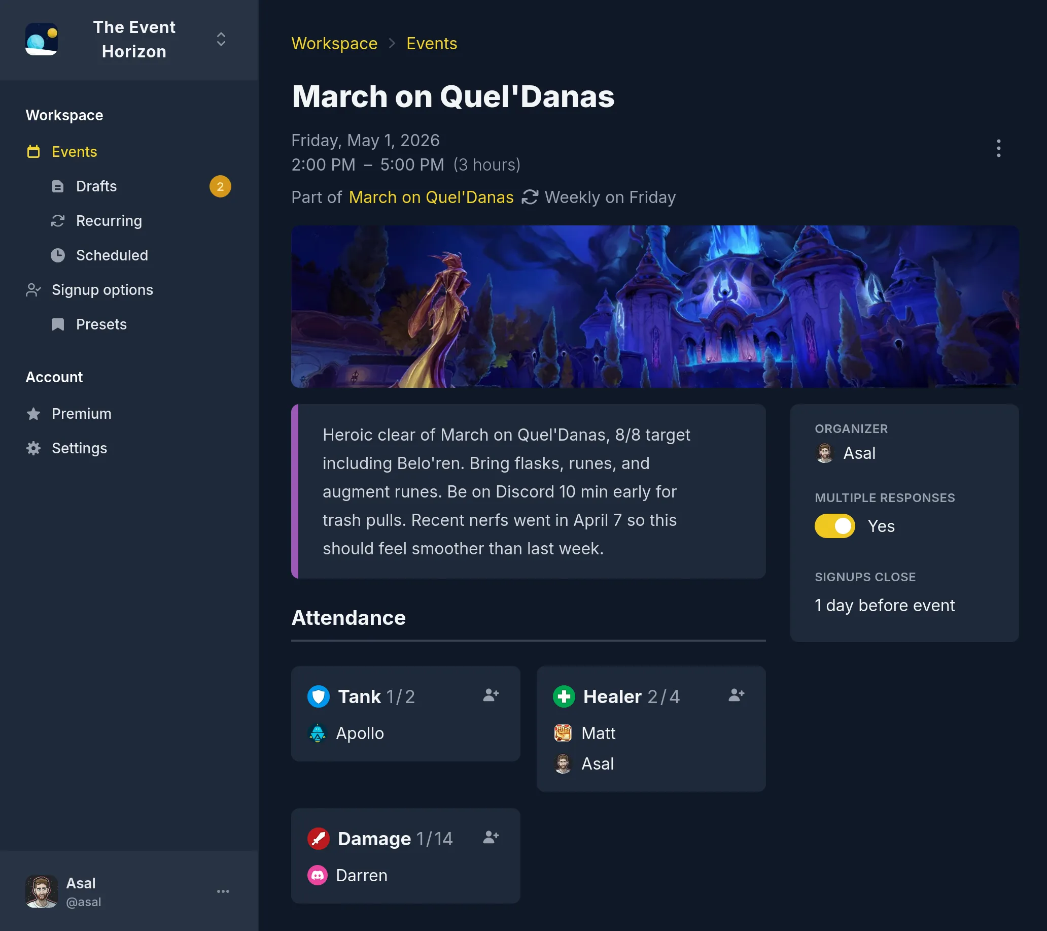 The Apollo dashboard showing scheduled events, drafts, and past event history
