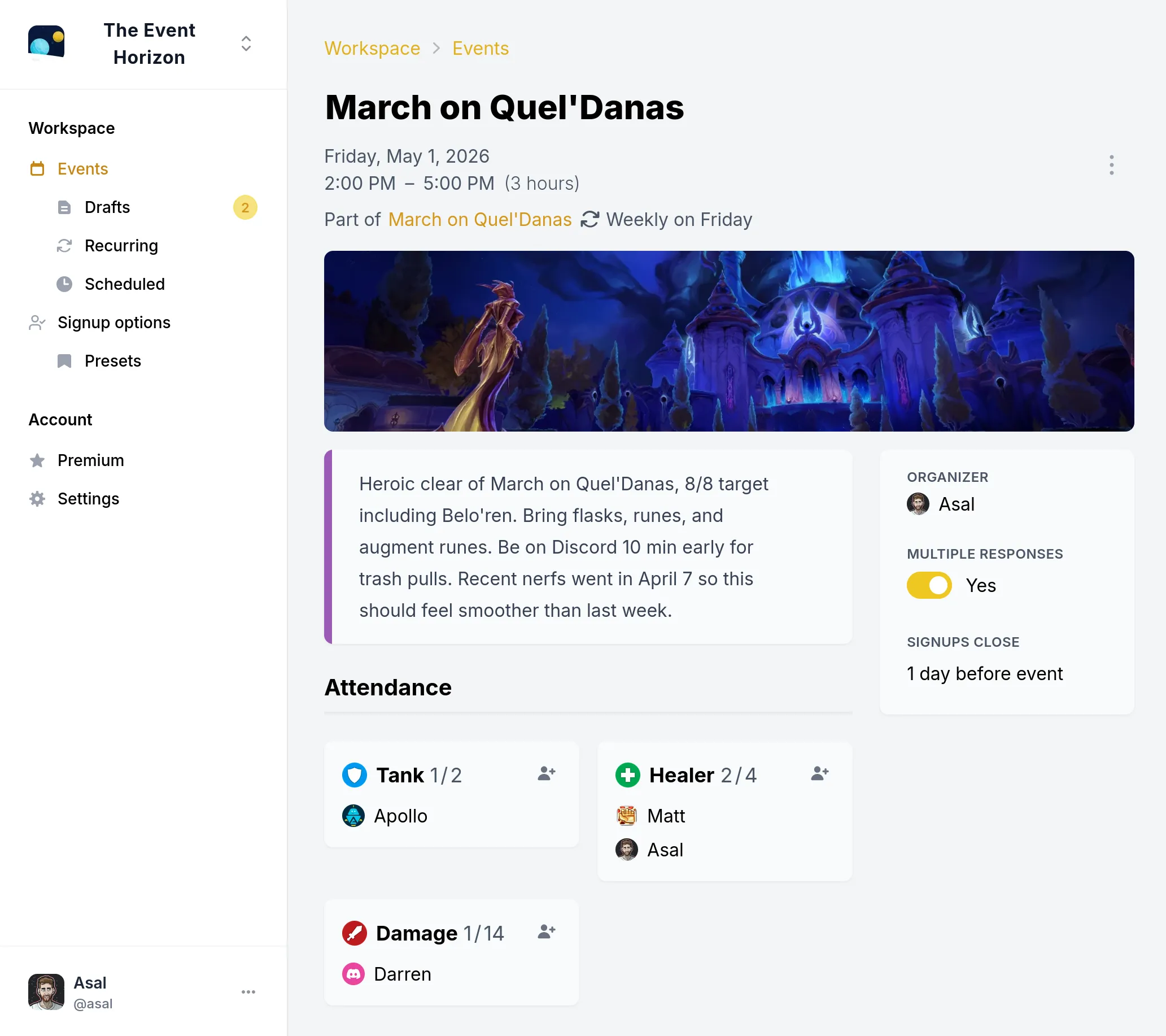 The Apollo dashboard showing scheduled events, drafts, and past event history