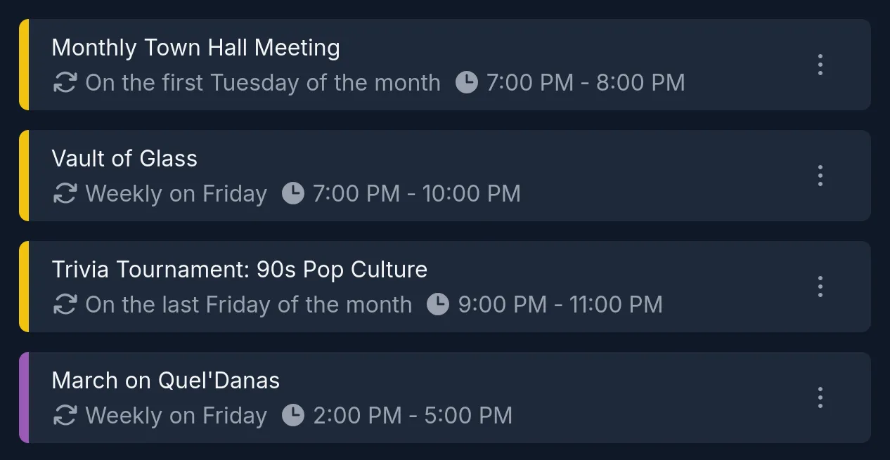 A list of recurring events in the Apollo dashboard