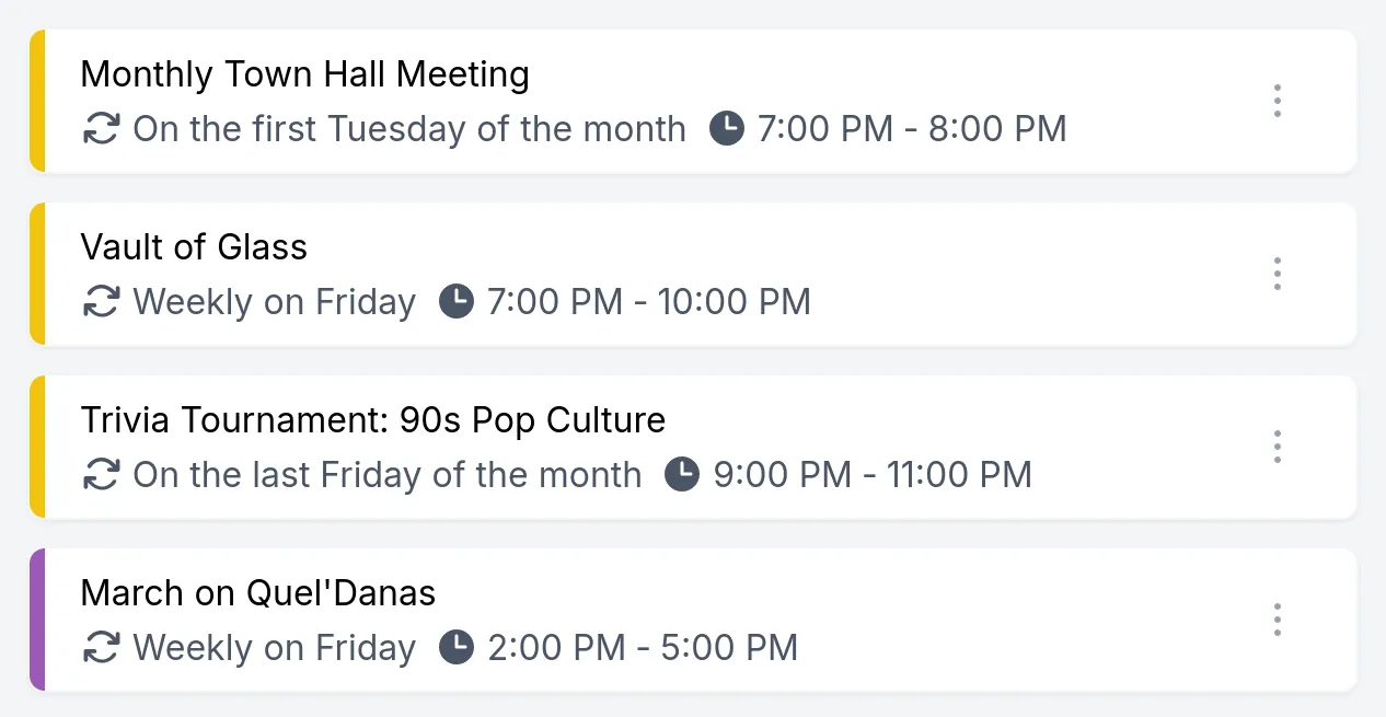 A list of recurring events in the Apollo dashboard