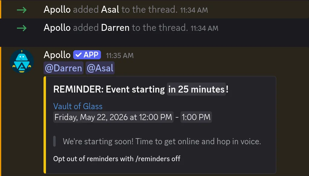 Apollo posting an event reminder and adding attendees to a thread in Discord