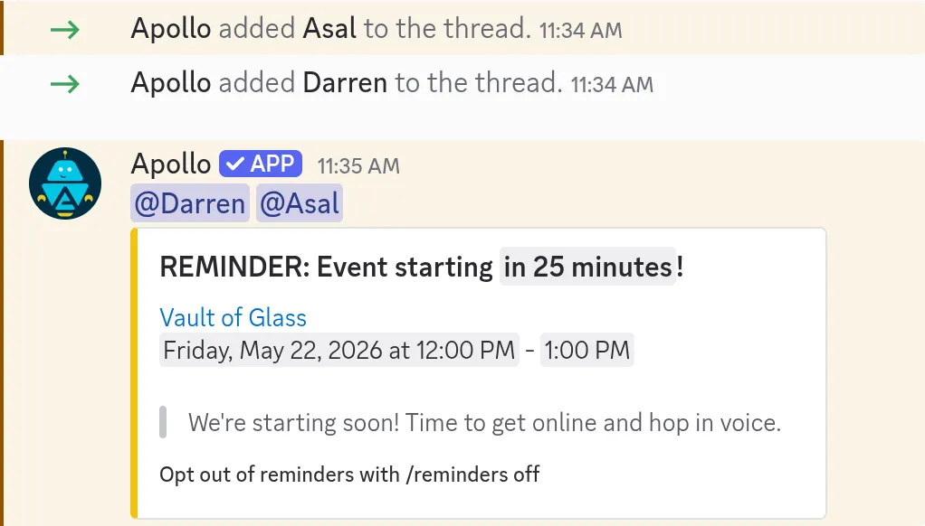Apollo posting an event reminder and adding attendees to a thread in Discord