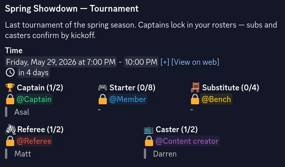 A restricted Apollo event in Discord, visible only to members with the right role