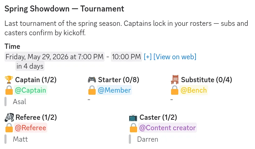 A restricted Apollo event in Discord, visible only to members with the right role