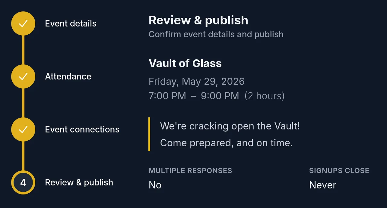 Reviewing event details in the Apollo dashboard before publishing