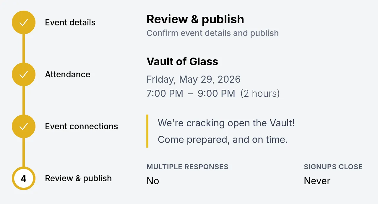 Reviewing event details in the Apollo dashboard before publishing