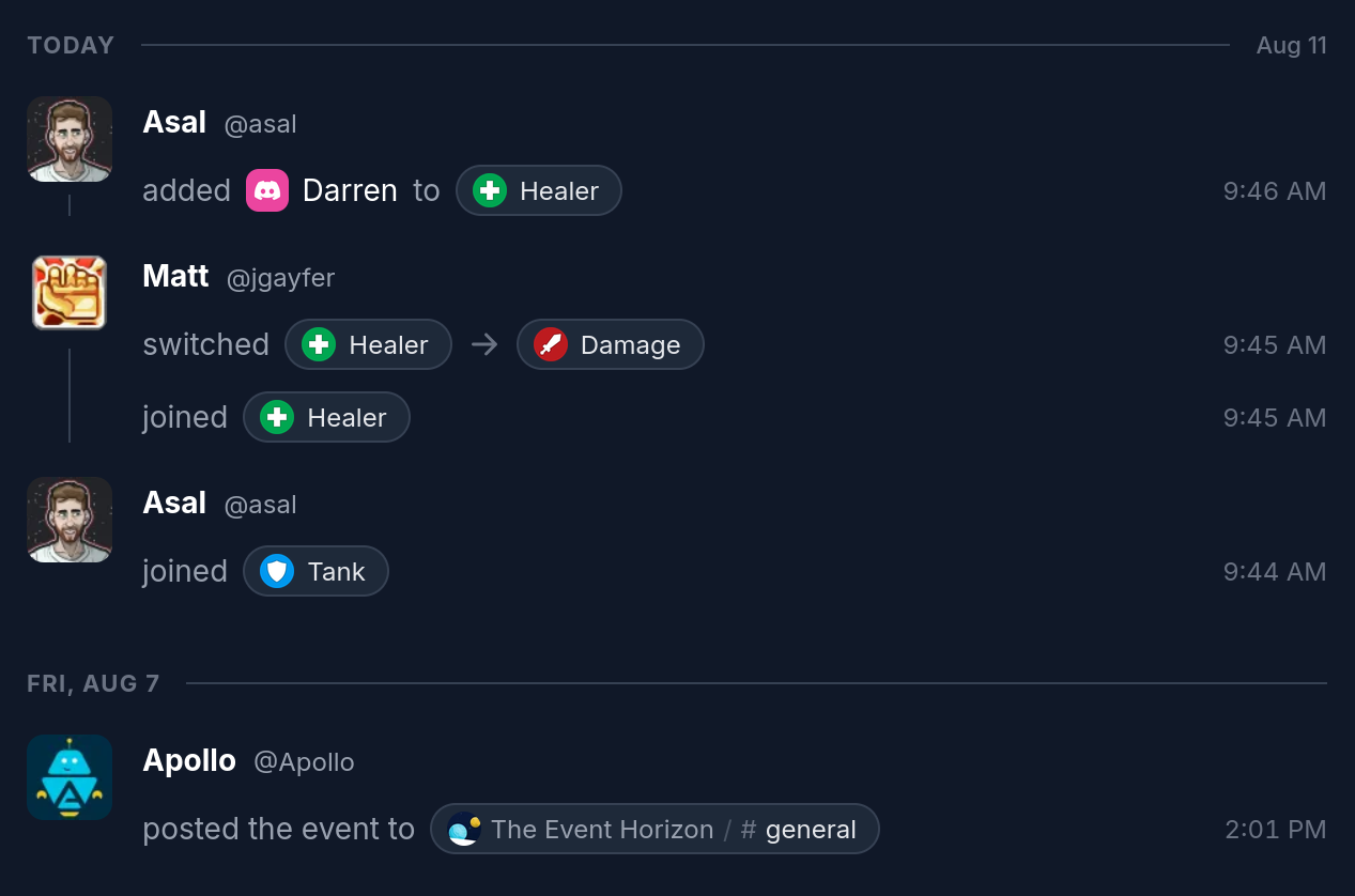 Activity log on the event details page