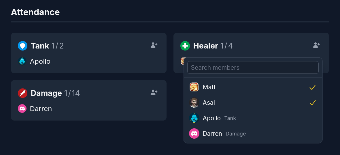 Attendee cards on the event details page with the new one-click selector