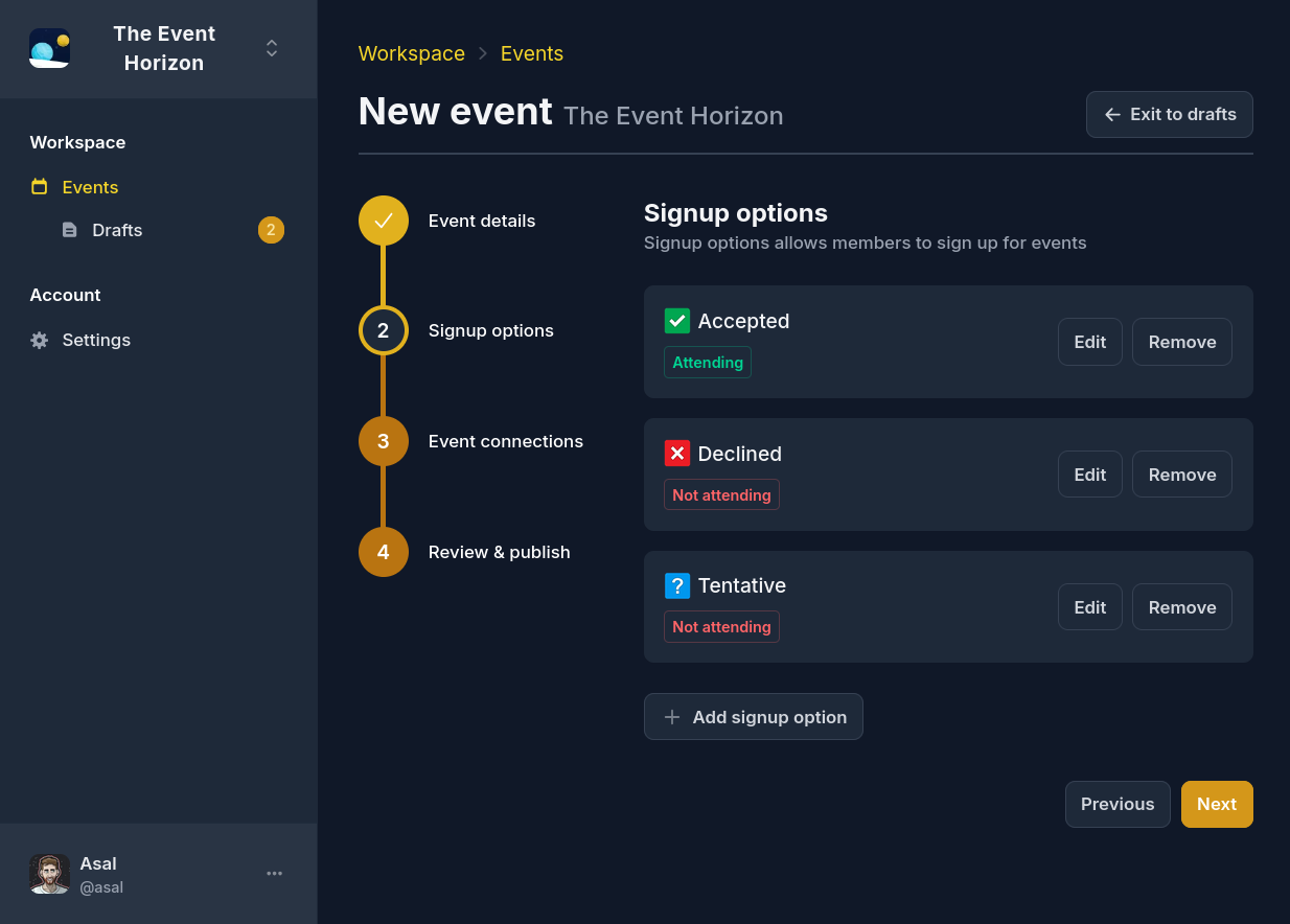 Event creation flow showing signup option customization