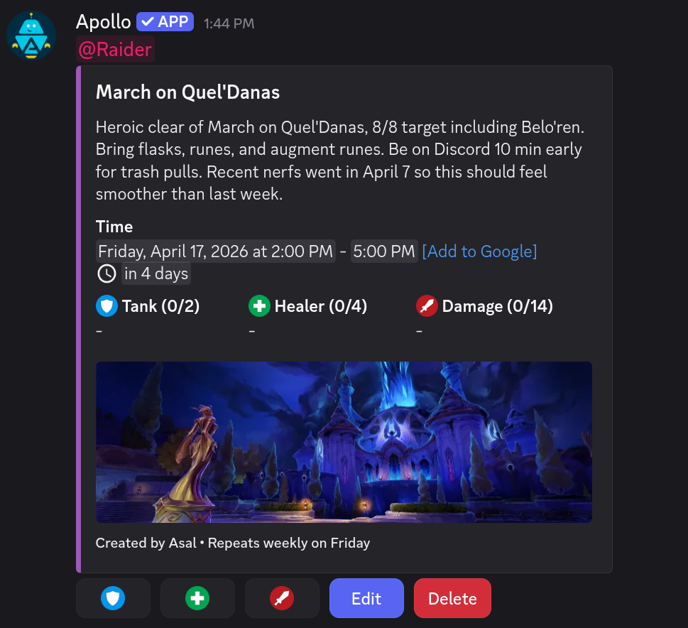 Apollo event showing Tank, Healer, and Damage role signups for a Discord raid