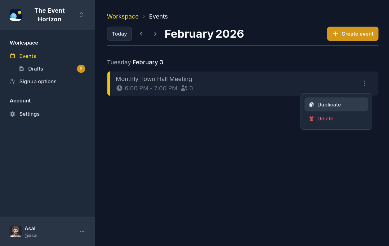 Event creation flow showing signup option customization