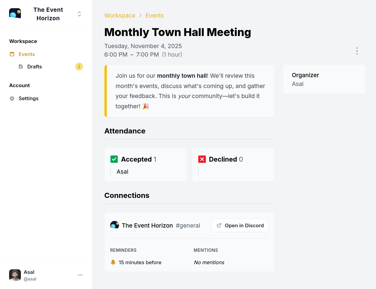Details page for a calendar events