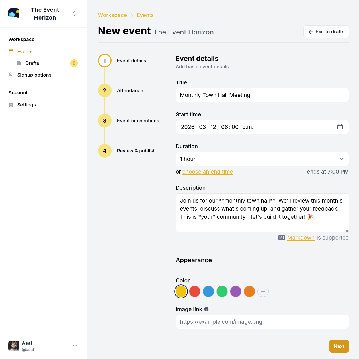 Event creation flow showing signup option customization