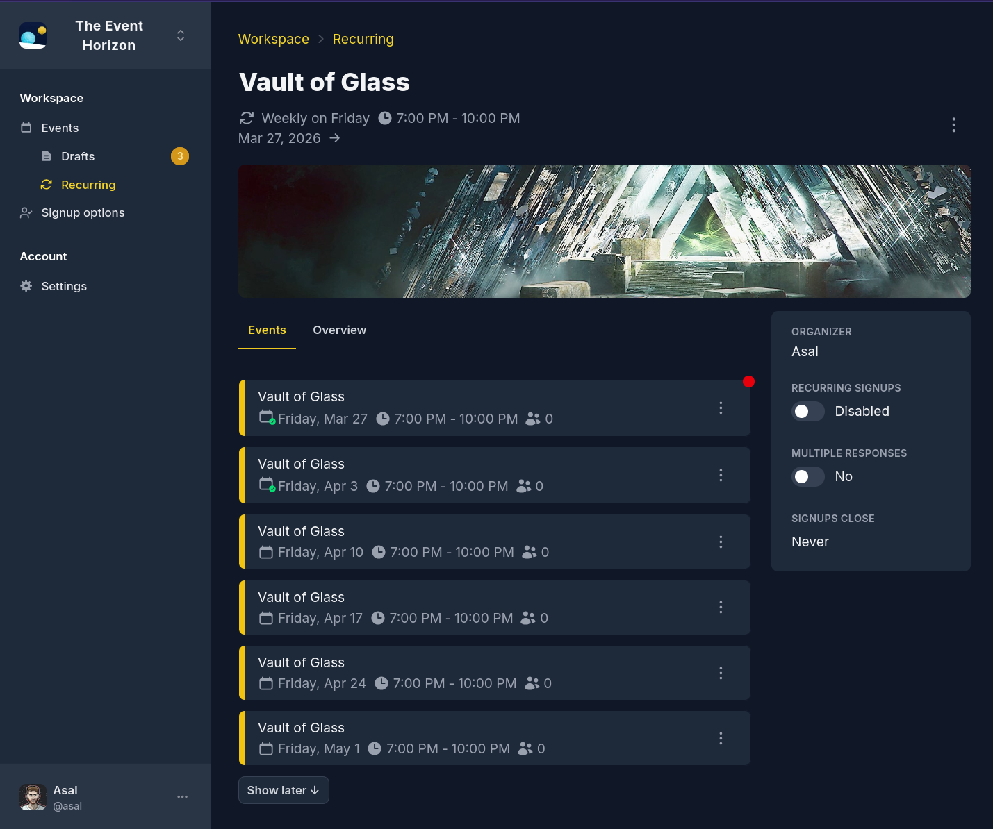 Page showing events in an recurring series, including unposted events