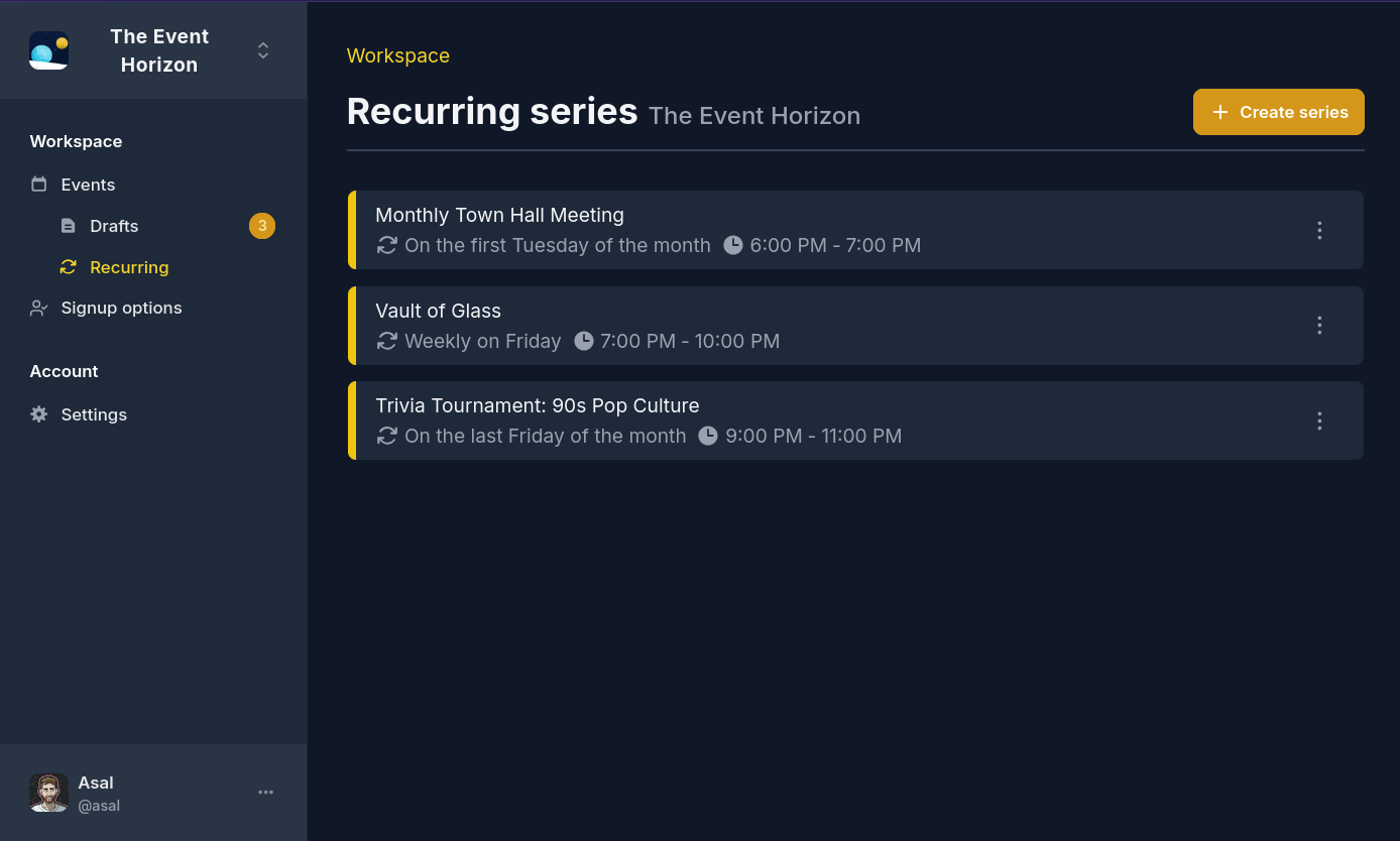 Overview page showing all the recurring series in an Apollo workspace