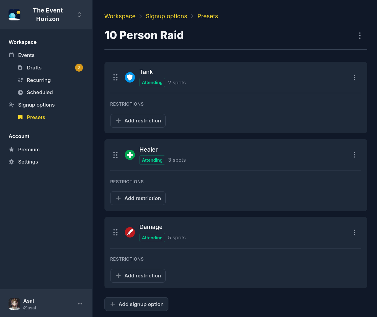 Signup presets page on the dashboard